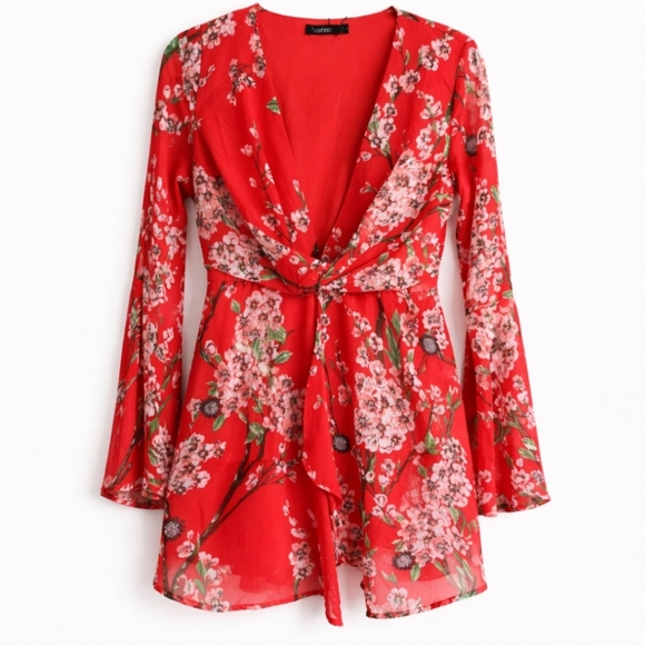 Boohoo | Red Floral Romantic Bell Sleeves Mini Dress NWT - Picture 4 of 8